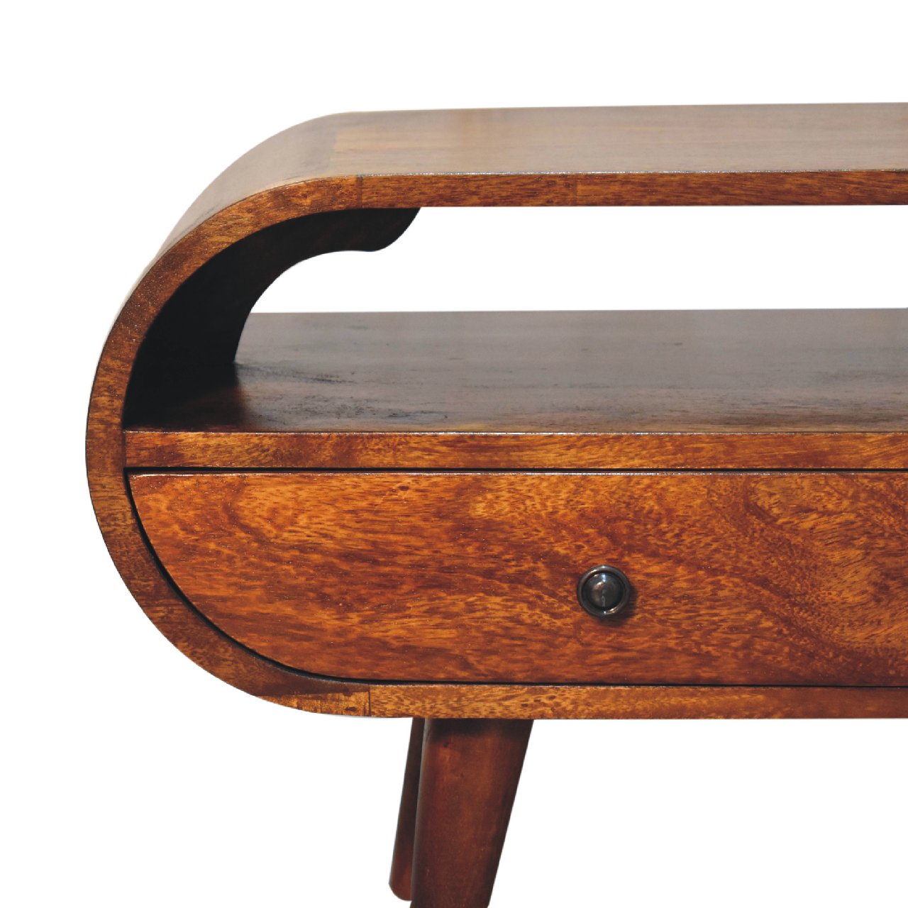 Chestnut Circular TV Stand, 2-Drawers, Open Slot, Nordic Legs, Brown