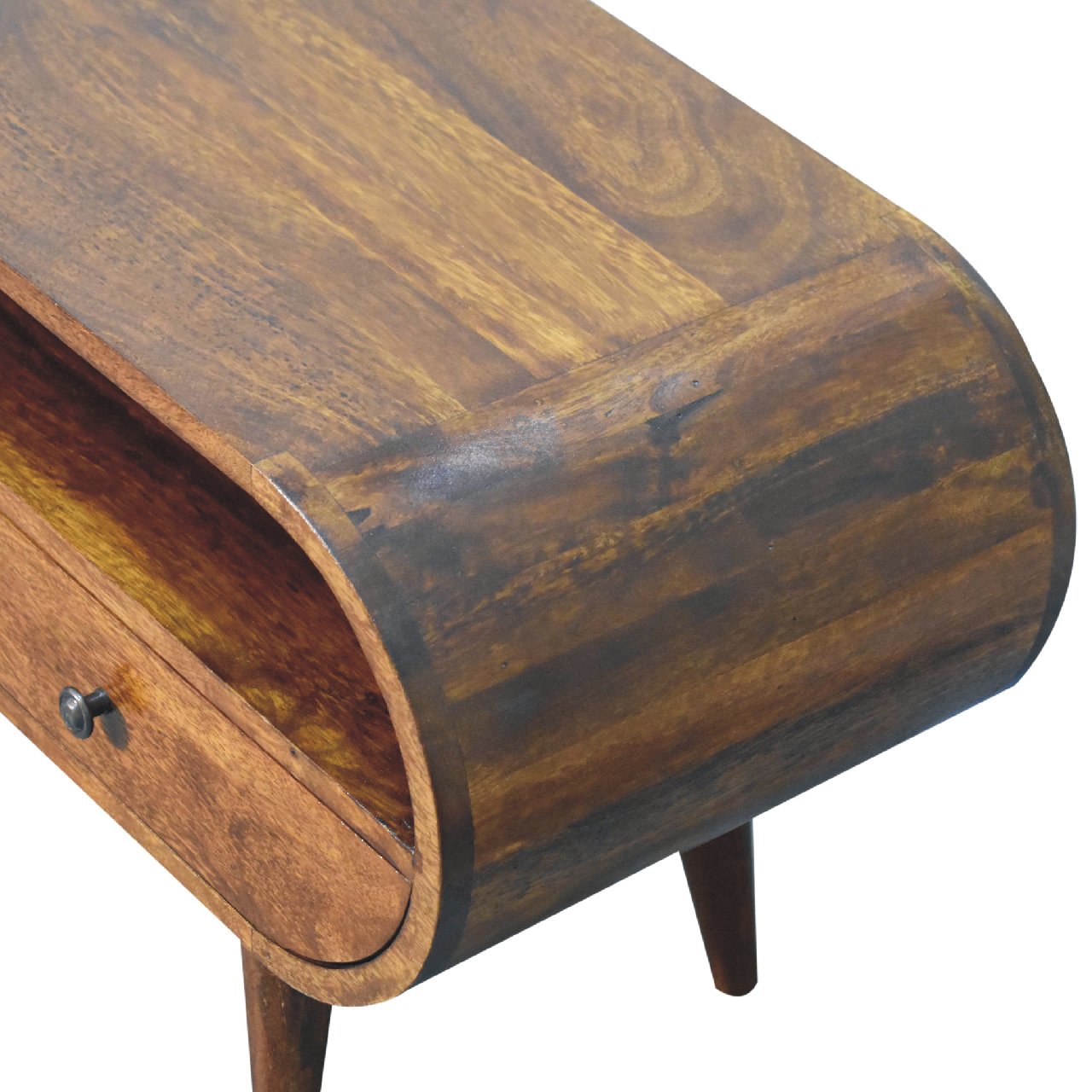 Chestnut Circular TV Stand, 2-Drawers, Open Slot, Nordic Legs, Brown