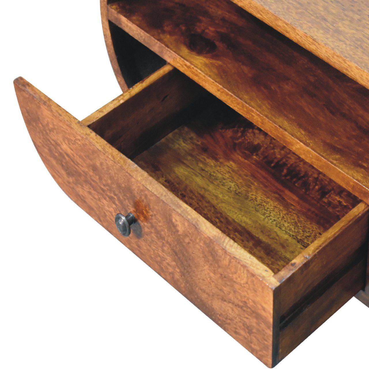 Chestnut Circular TV Stand, 2-Drawers, Open Slot, Nordic Legs, Brown
