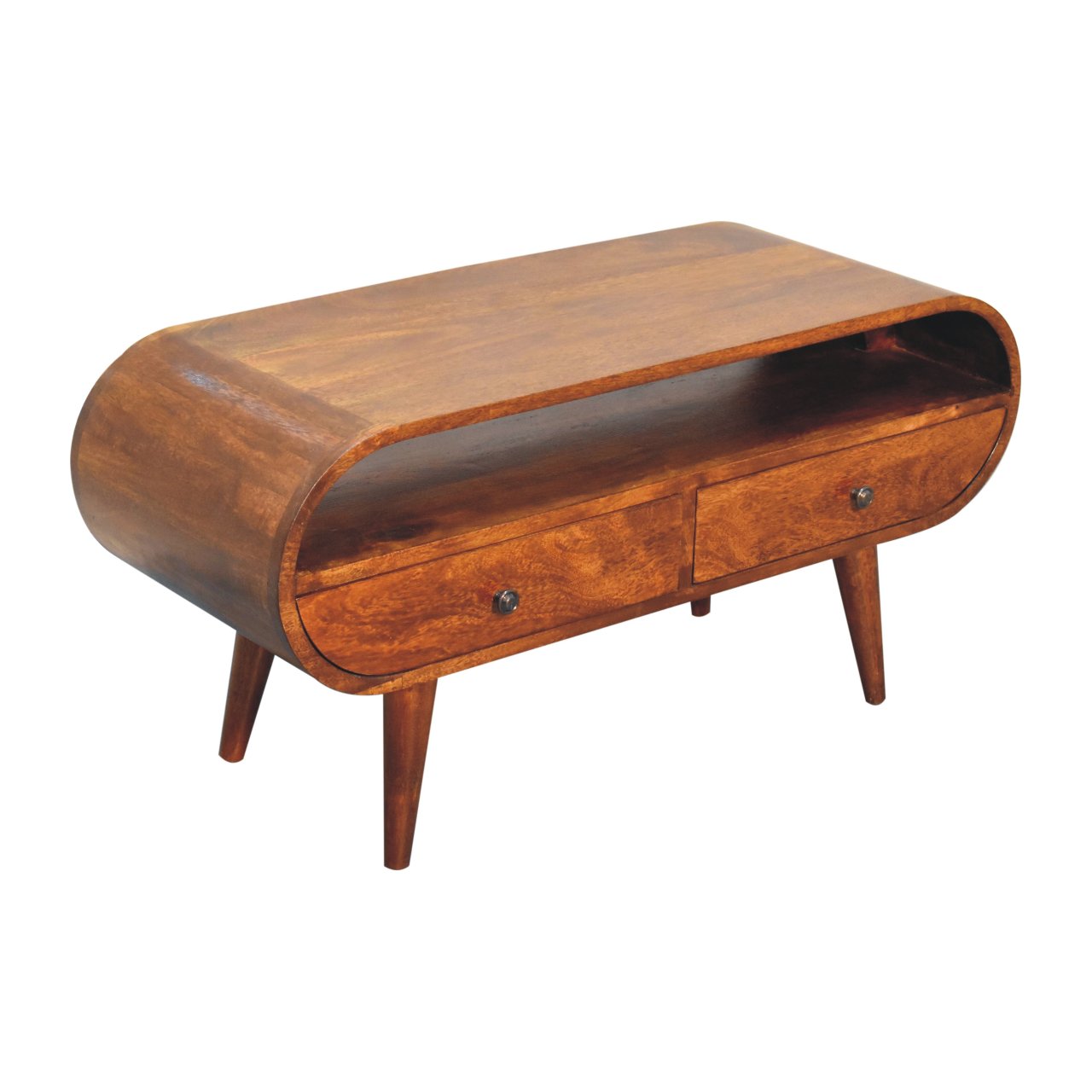 Chestnut Circular TV Stand, 2-Drawers, Open Slot, Nordic Legs, Brown