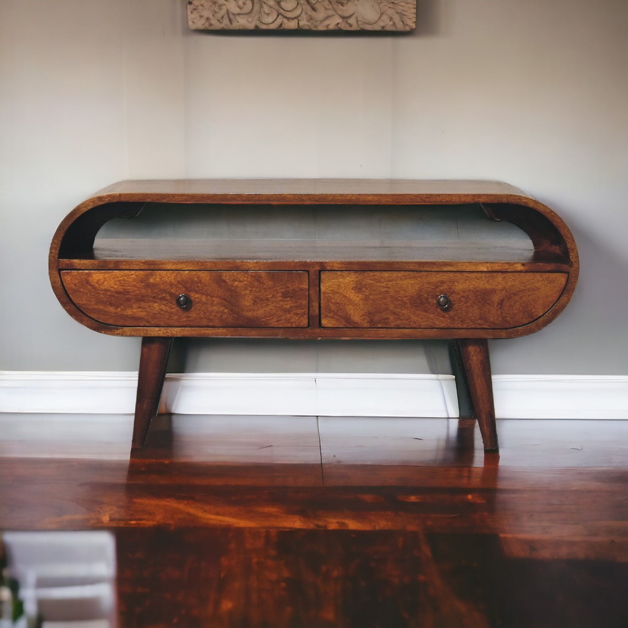 Chestnut Circular TV Stand, 2-Drawers, Open Slot, Nordic Legs, Brown