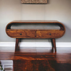 Chestnut Circular TV Stand, 2-Drawers, Open Slot, Nordic Legs, Brown