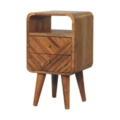 Solid Wood Mini Lille Curved Nightstand, 2-Drawers, 1 Open Slot, Nordic Legs, Light Brown