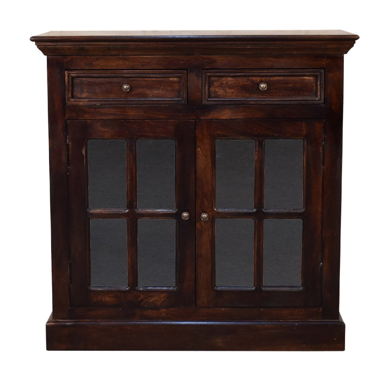 Solid Wood Light Walnut Cabinet with Glazed Doors, 2-Drawers, 2-Shelves, Dark Brown