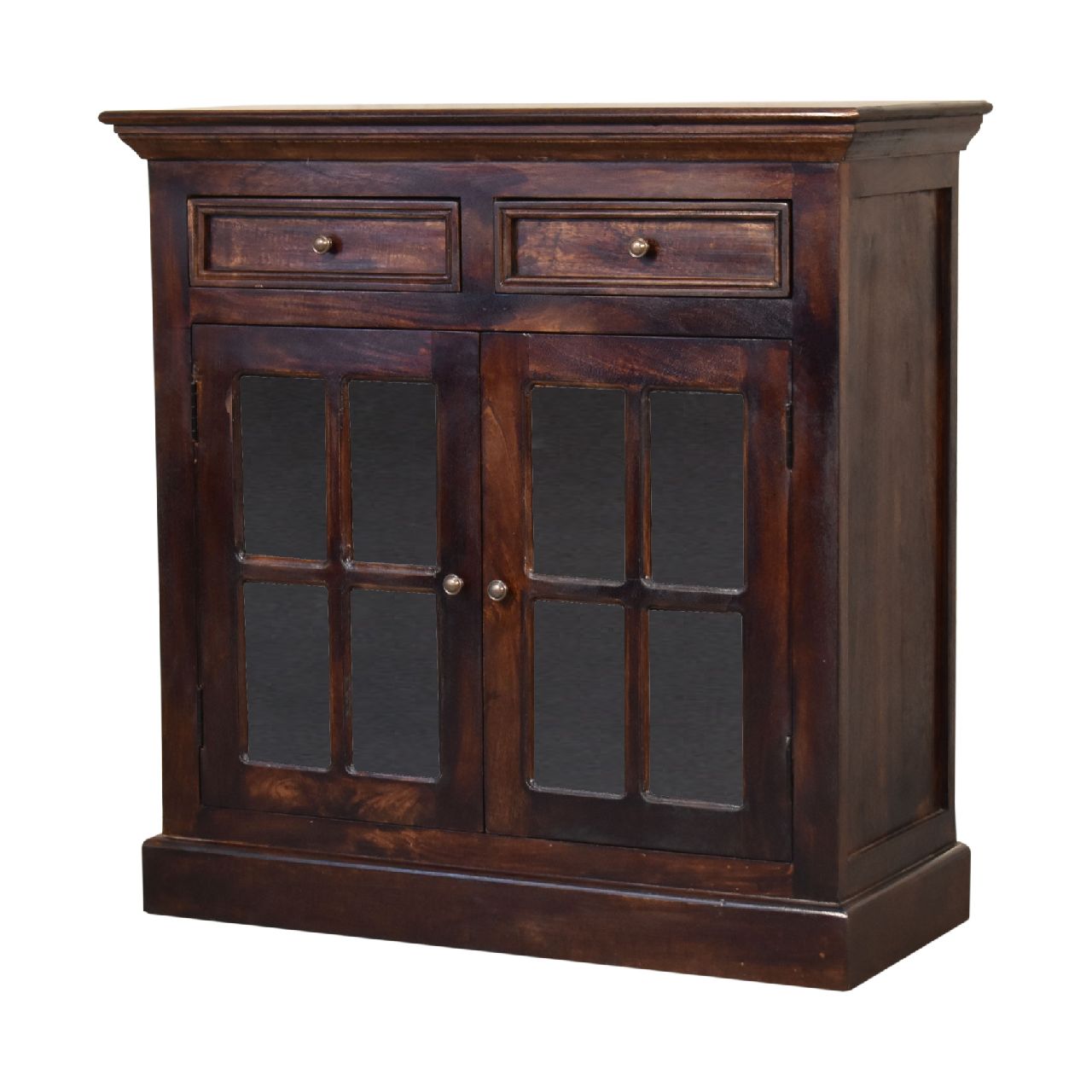 Solid Wood Light Walnut Cabinet with Glazed Doors, 2-Drawers, 2-Shelves, Dark Brown