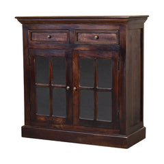 Solid Wood Light Walnut Cabinet with Glazed Doors, 2-Drawers, 2-Shelves, Dark Brown
