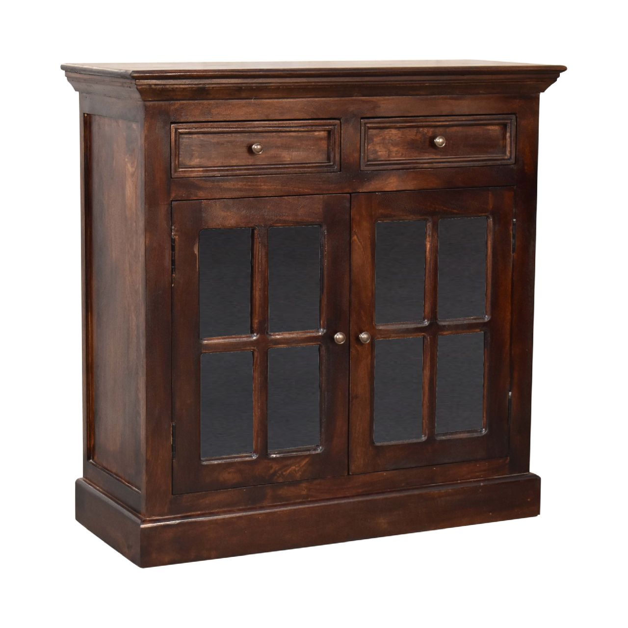 Solid Wood Light Walnut Cabinet with Glazed Doors, 2-Drawers, 2-Shelves, Dark Brown