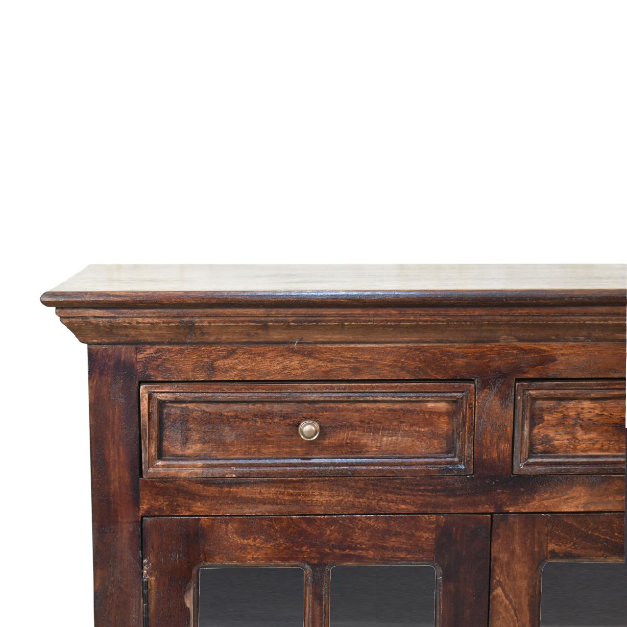 Solid Wood Light Walnut Cabinet with Glazed Doors, 2-Drawers, 2-Shelves, Dark Brown