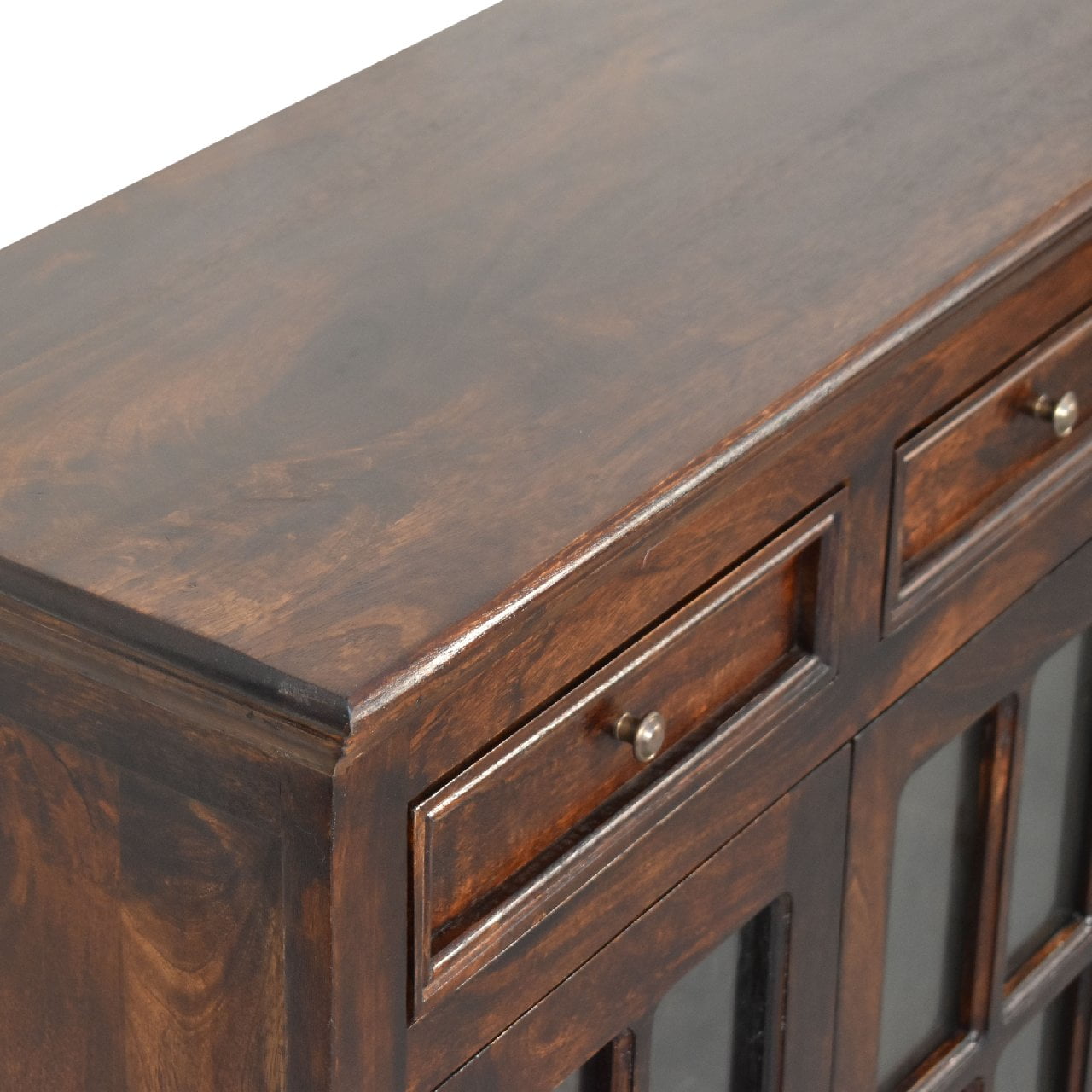 Solid Wood Light Walnut Cabinet with Glazed Doors, 2-Drawers, 2-Shelves, Dark Brown