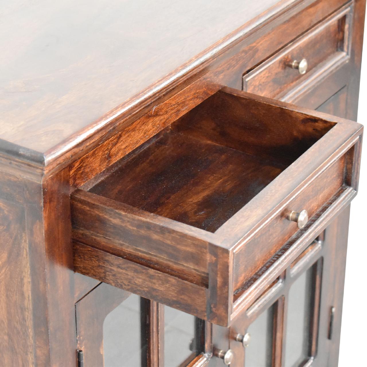 Solid Wood Light Walnut Cabinet with Glazed Doors, 2-Drawers, 2-Shelves, Dark Brown