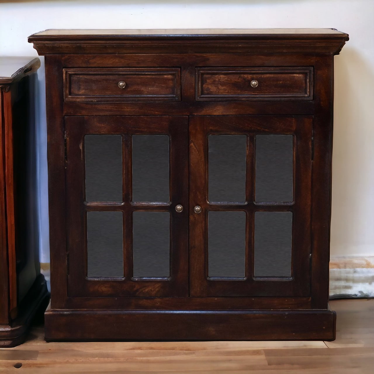 Solid Wood Light Walnut Cabinet with Glazed Doors, 2-Drawers, 2-Shelves, Dark Brown