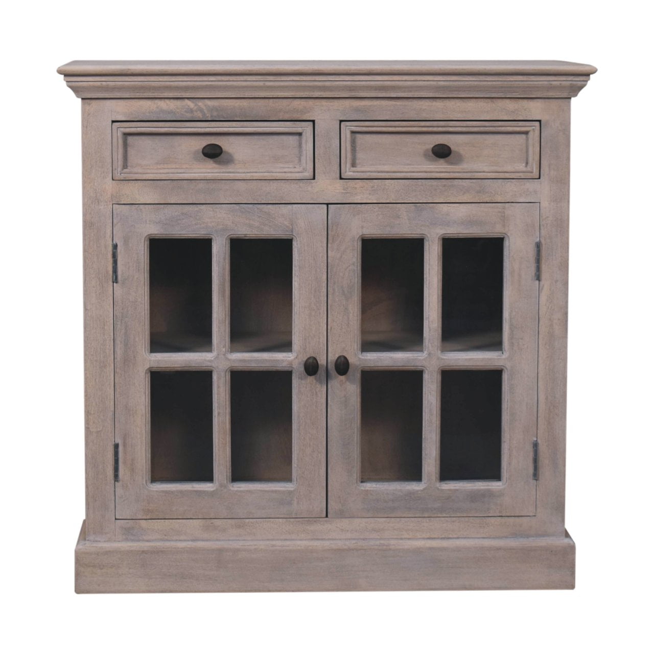 Solid Wood Stone Finish Cabinet with Glazed Doors, 2-Drawers, 2 Open Shelves, Gray Wash