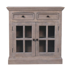 Solid Wood Stone Finish Cabinet with Glazed Doors, 2-Drawers, 2 Open Shelves, Gray Wash