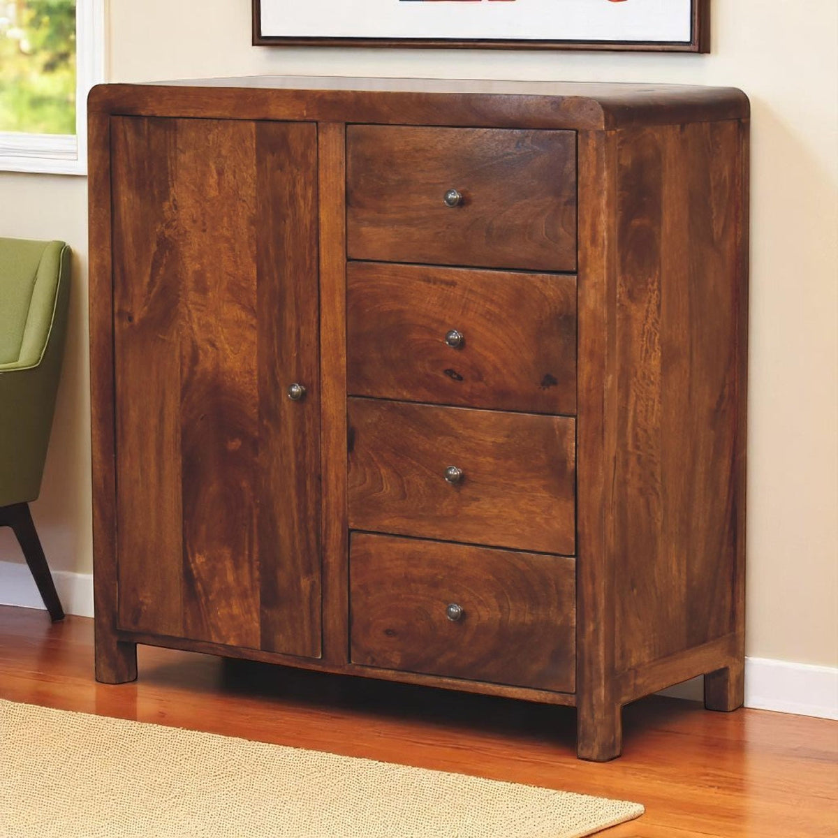 Solid Wood Aspen Cabinet, 2 Shelves, 4-Drawers, Brown