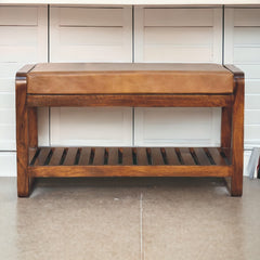 Solid Wood Small Buffalo Slatted Bench, Leather Upholstered, Open Storage, Tan and Brown