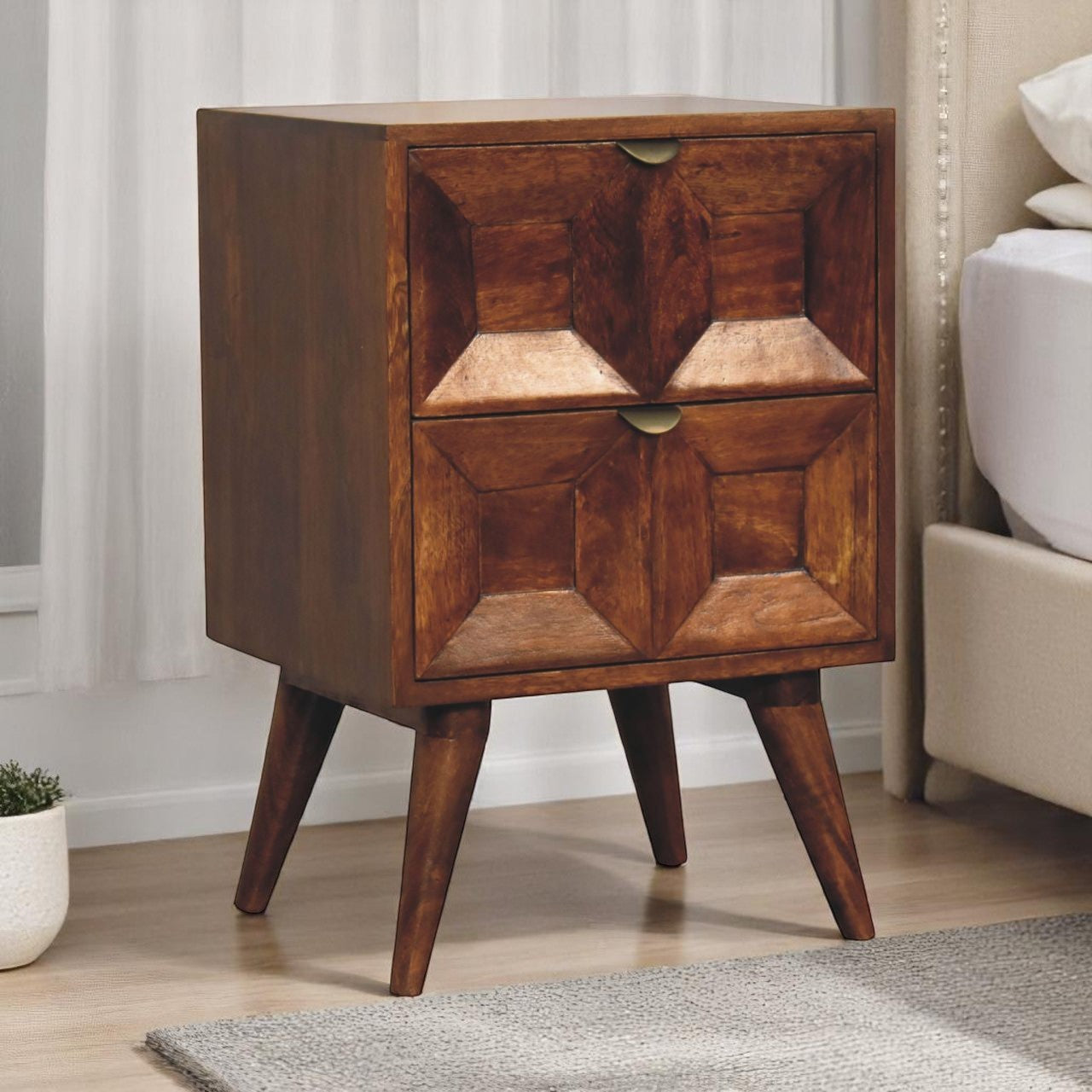 Solid Wood Quad Nightstand, 2-Drawers, Dark Brown
