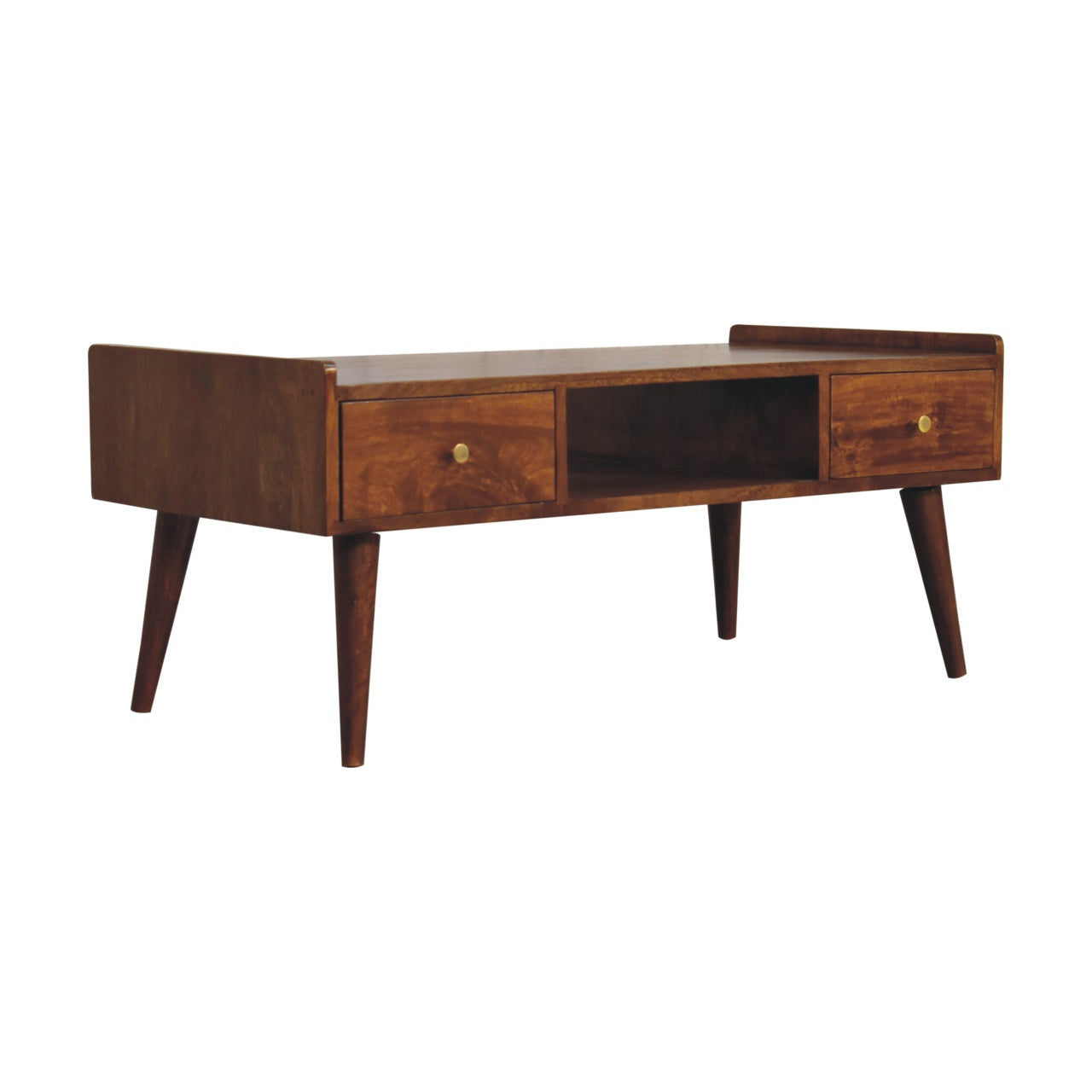 Elevated Chestnut Media Unit, 2-Drawers, 1 Open-Slot, Nordic Legs, Dark Brown