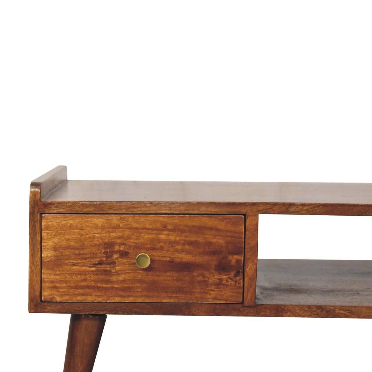Elevated Chestnut Media Unit, 2-Drawers, 1 Open-Slot, Nordic Legs, Dark Brown
