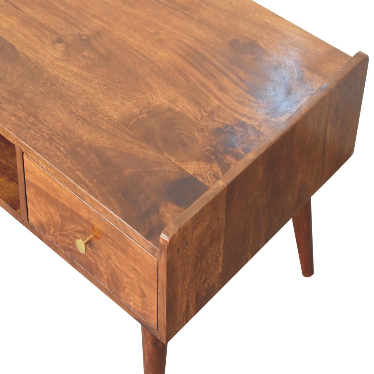 Elevated Chestnut Media Unit, 2-Drawers, 1 Open-Slot, Nordic Legs, Dark Brown