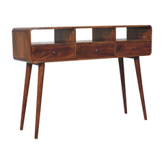Solid Wood Triple Curved Chestnut Console Table, 3-Drawers, 3 Open Slots, Nordic Legs, Brown