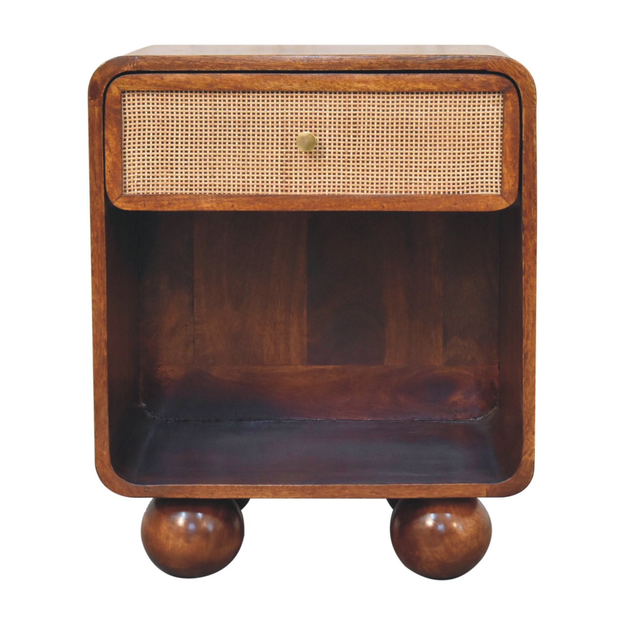 Solid Wood Chestnut Open Woven Bedside, 1-Drawer, Brown