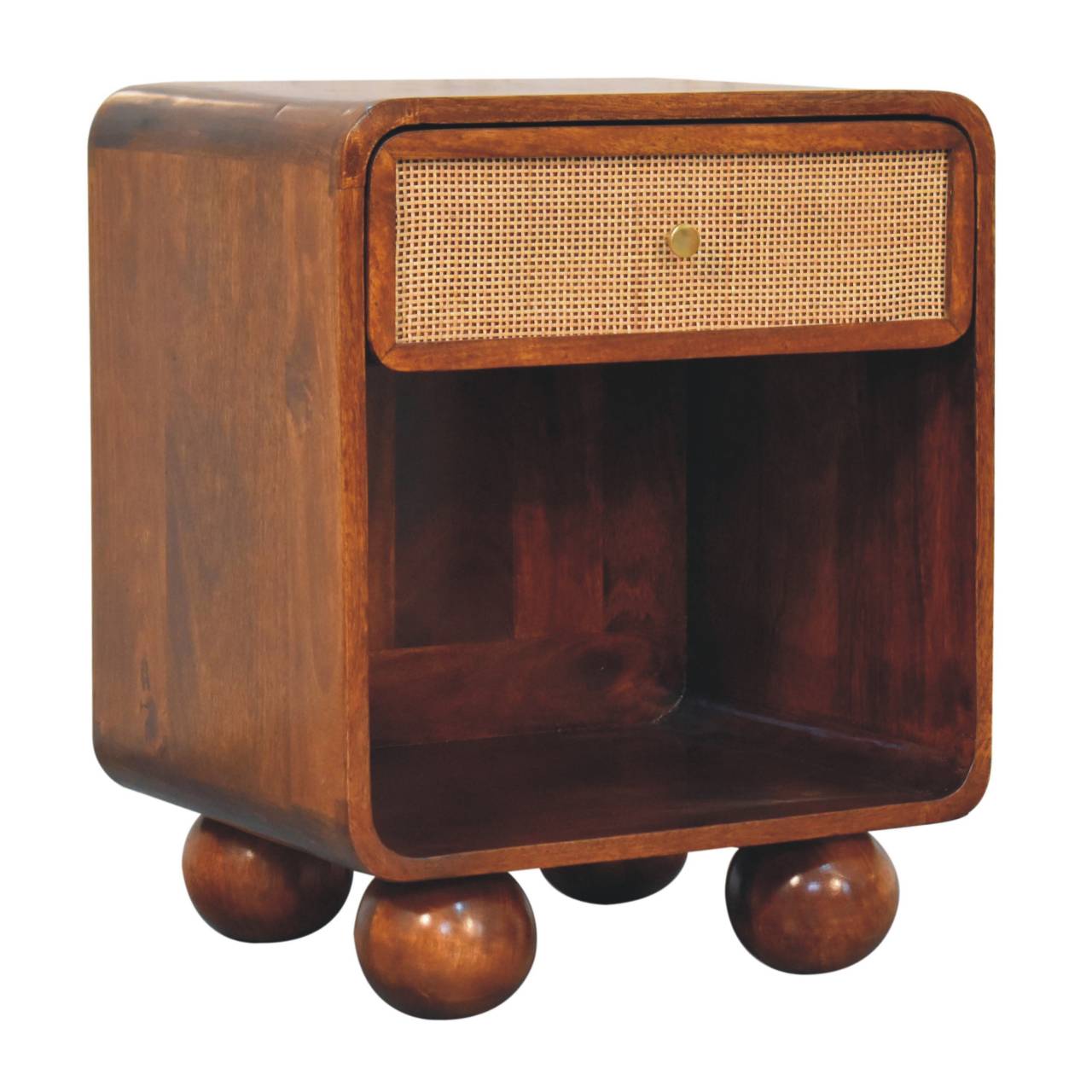 Solid Wood Chestnut Open Woven Bedside, 1-Drawer, Brown