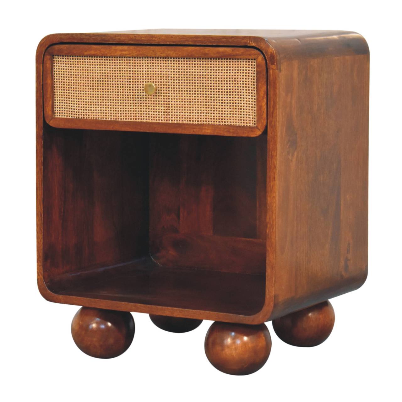 Solid Wood Chestnut Open Woven Bedside, 1-Drawer, Brown
