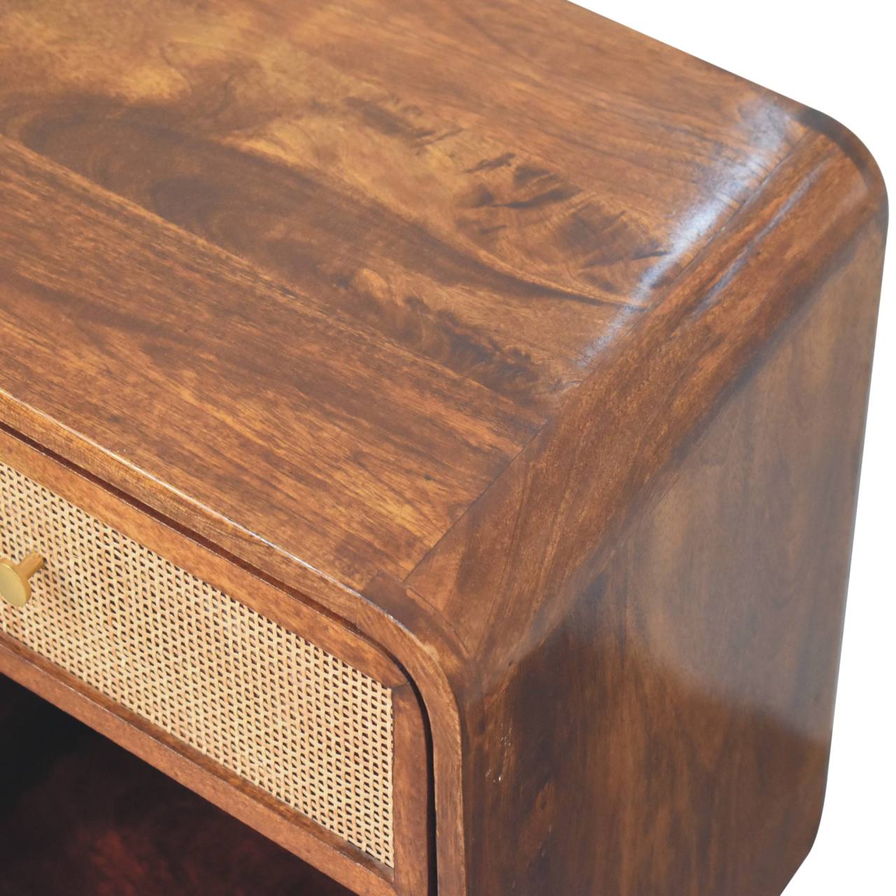 Solid Wood Chestnut Open Woven Bedside, 1-Drawer, Brown