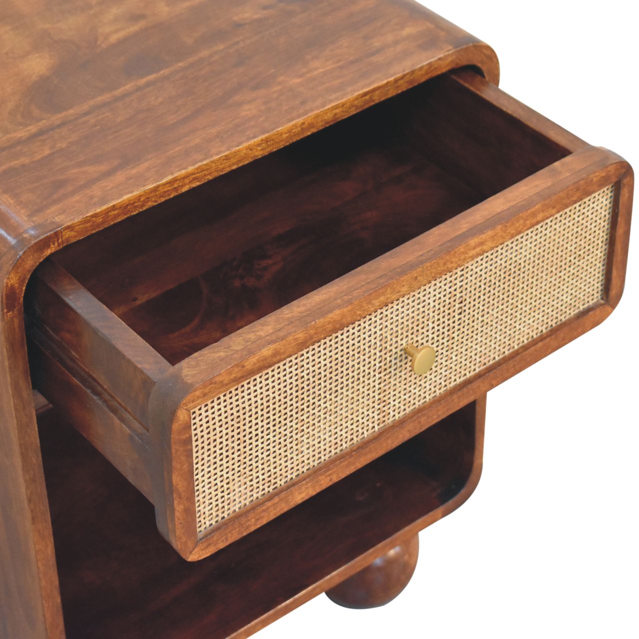 Solid Wood Chestnut Open Woven Bedside, 1-Drawer, Brown