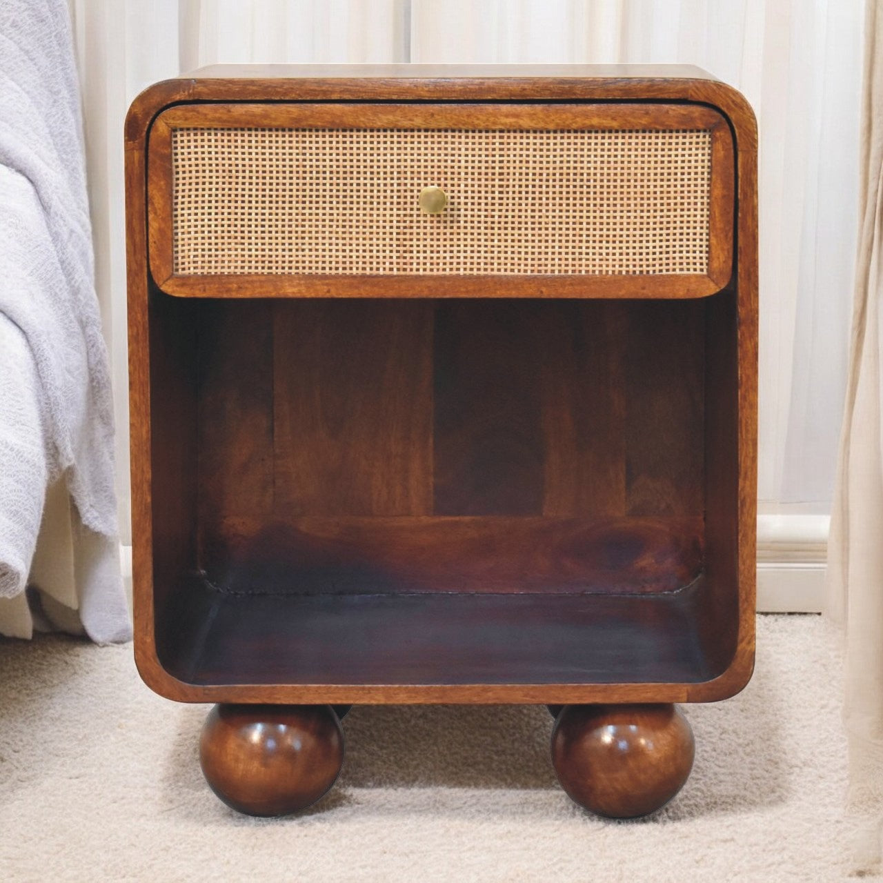 Solid Wood Chestnut Open Woven Bedside, 1-Drawer, Brown