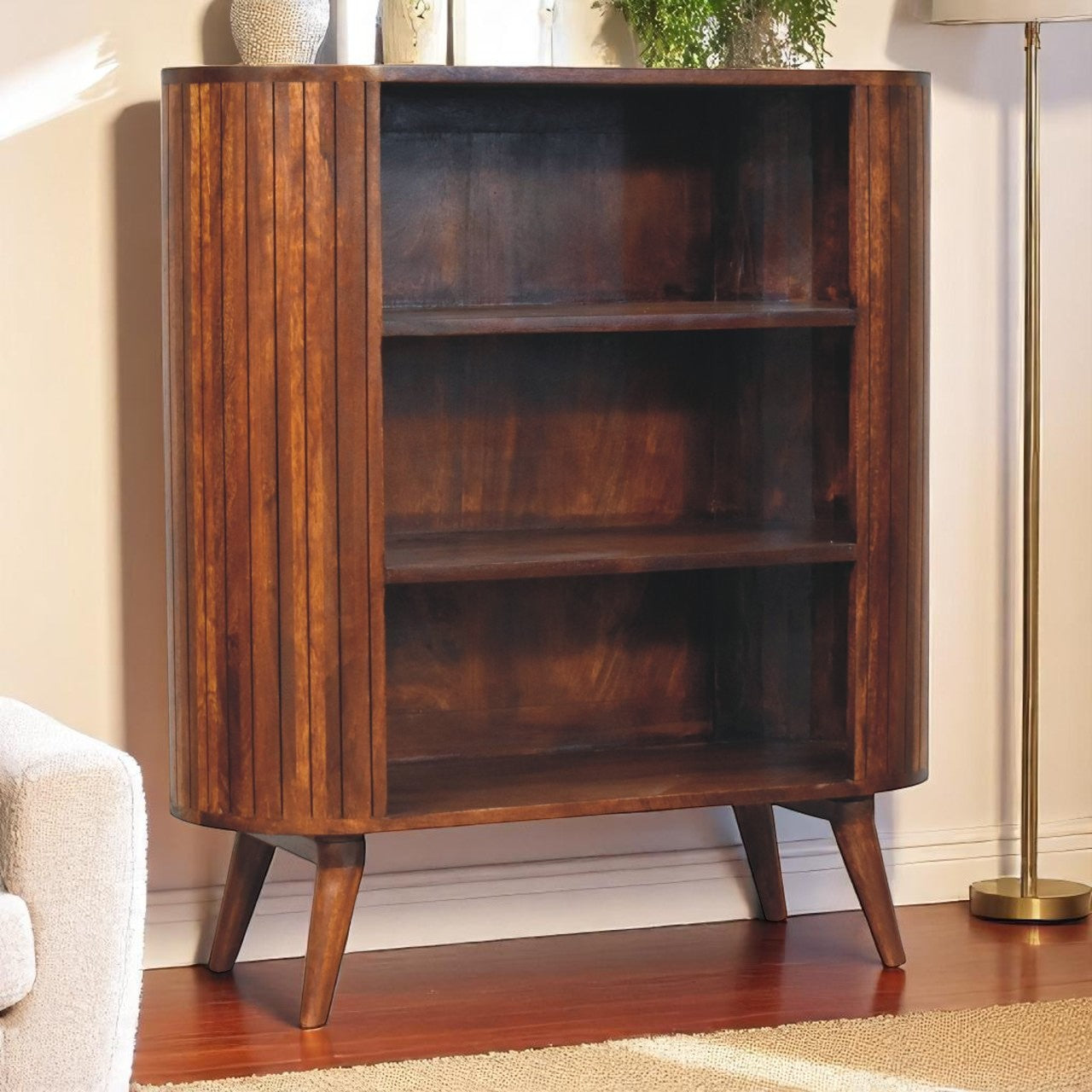 Cortez Chestnut Open Cabinet, 3-Open Shelves, Nordic Legs, Dark Brown