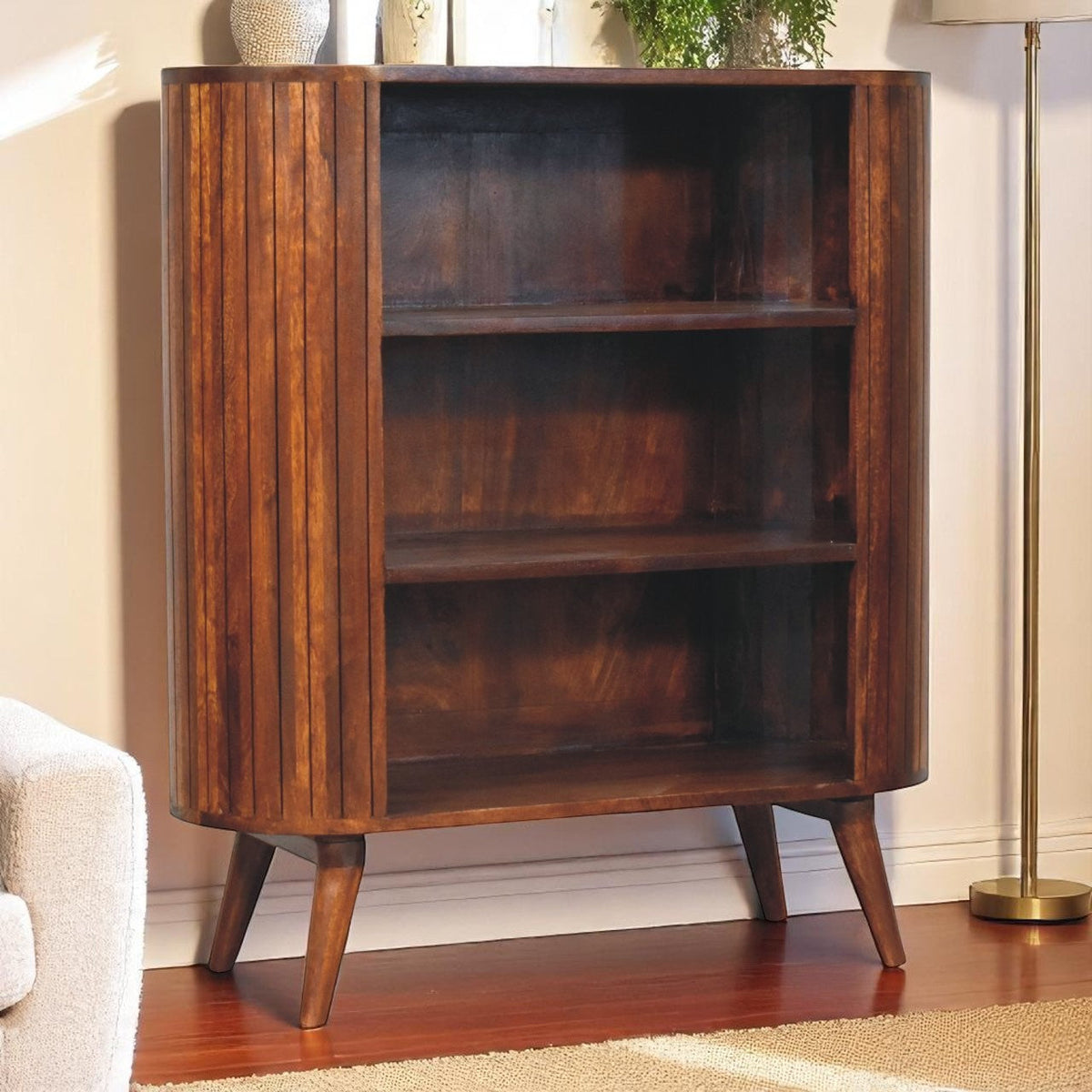 Cortez Chestnut Open Cabinet, 3-Open Shelves, Nordic Legs, Dark Brown