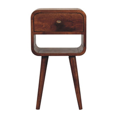 Solid Wood Mini Honey Caramel Curved Bedside, 1-Drawer, 1 Open-Slot, Nordic Legs, Brown