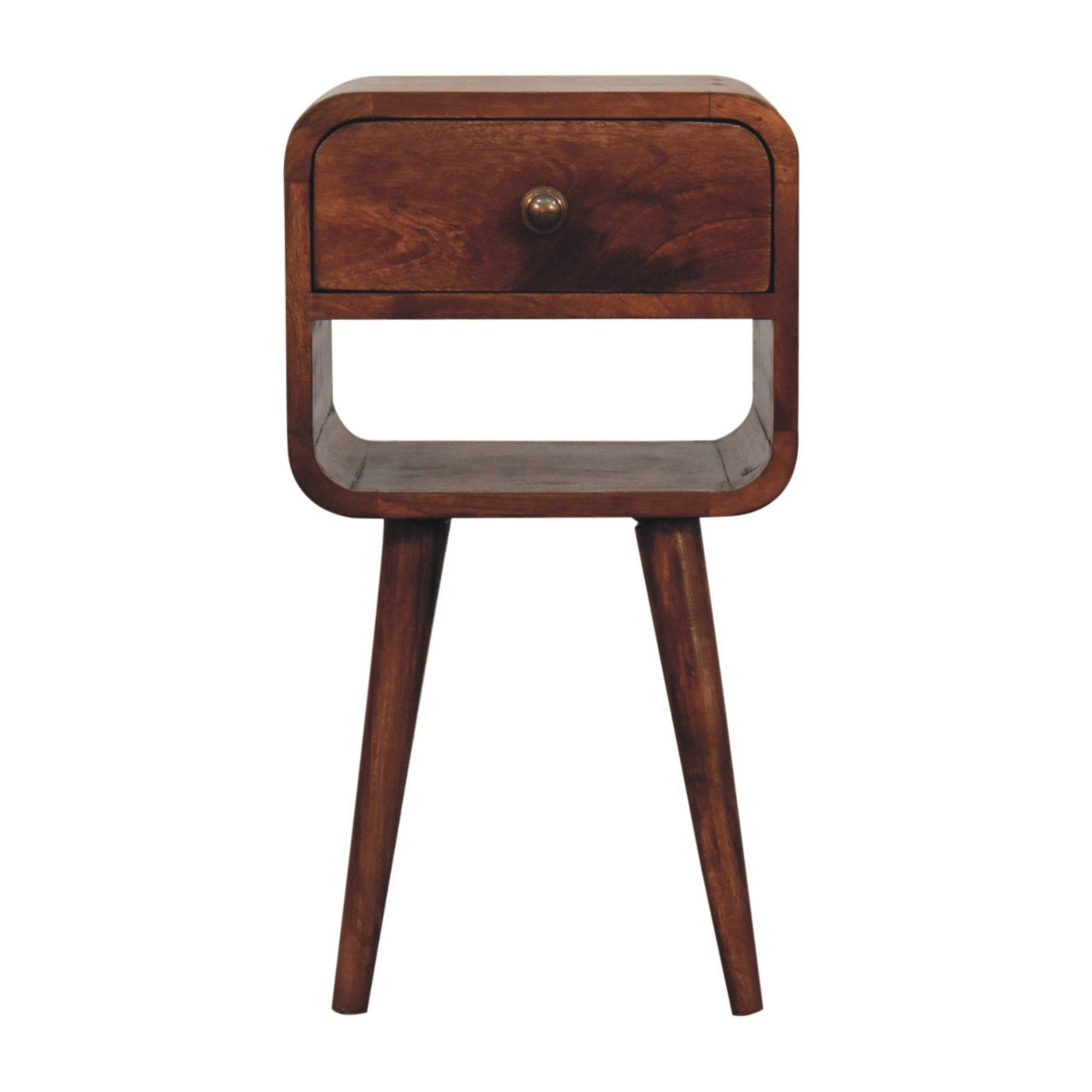 Solid Wood Mini Honey Caramel Curved Bedside, 1-Drawer, 1 Open-Slot, Nordic Legs, Brown