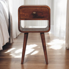 Solid Wood Mini Honey Caramel Curved Bedside, 1-Drawer, 1 Open-Slot, Nordic Legs, Brown