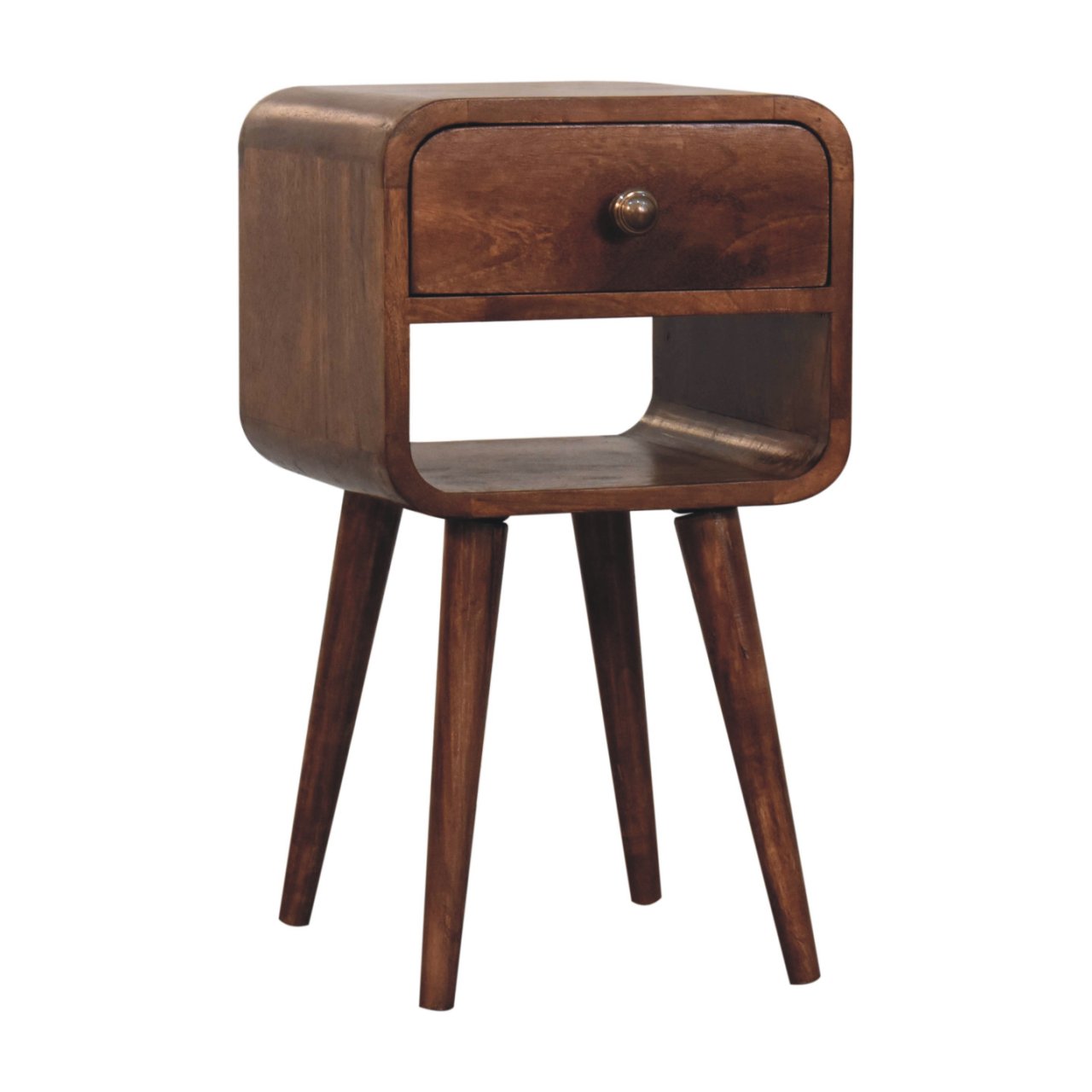 Solid Wood Mini Honey Caramel Curved Bedside, 1-Drawer, 1 Open-Slot, Nordic Legs, Brown