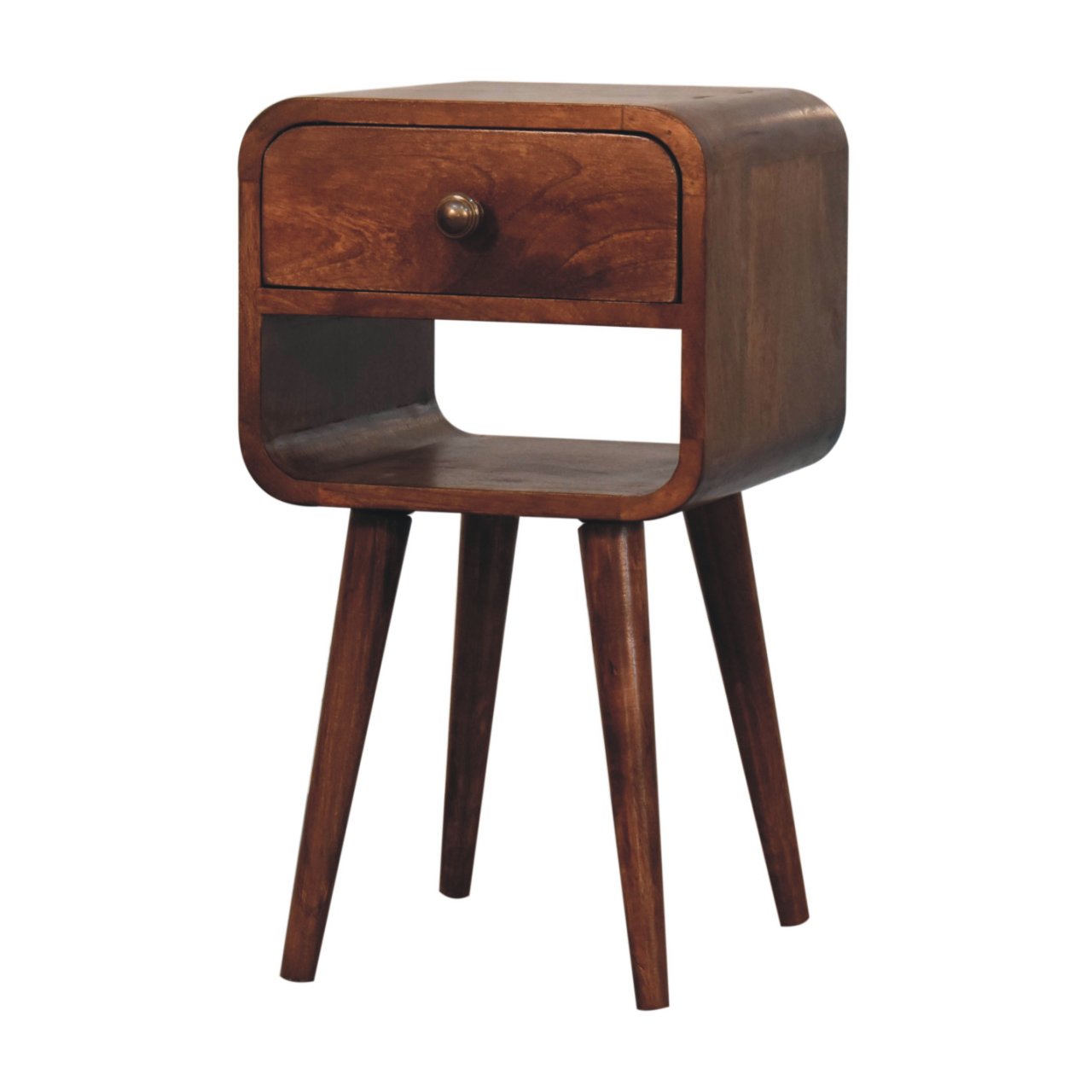 Solid Wood Mini Honey Caramel Curved Bedside, 1-Drawer, 1 Open-Slot, Nordic Legs, Brown