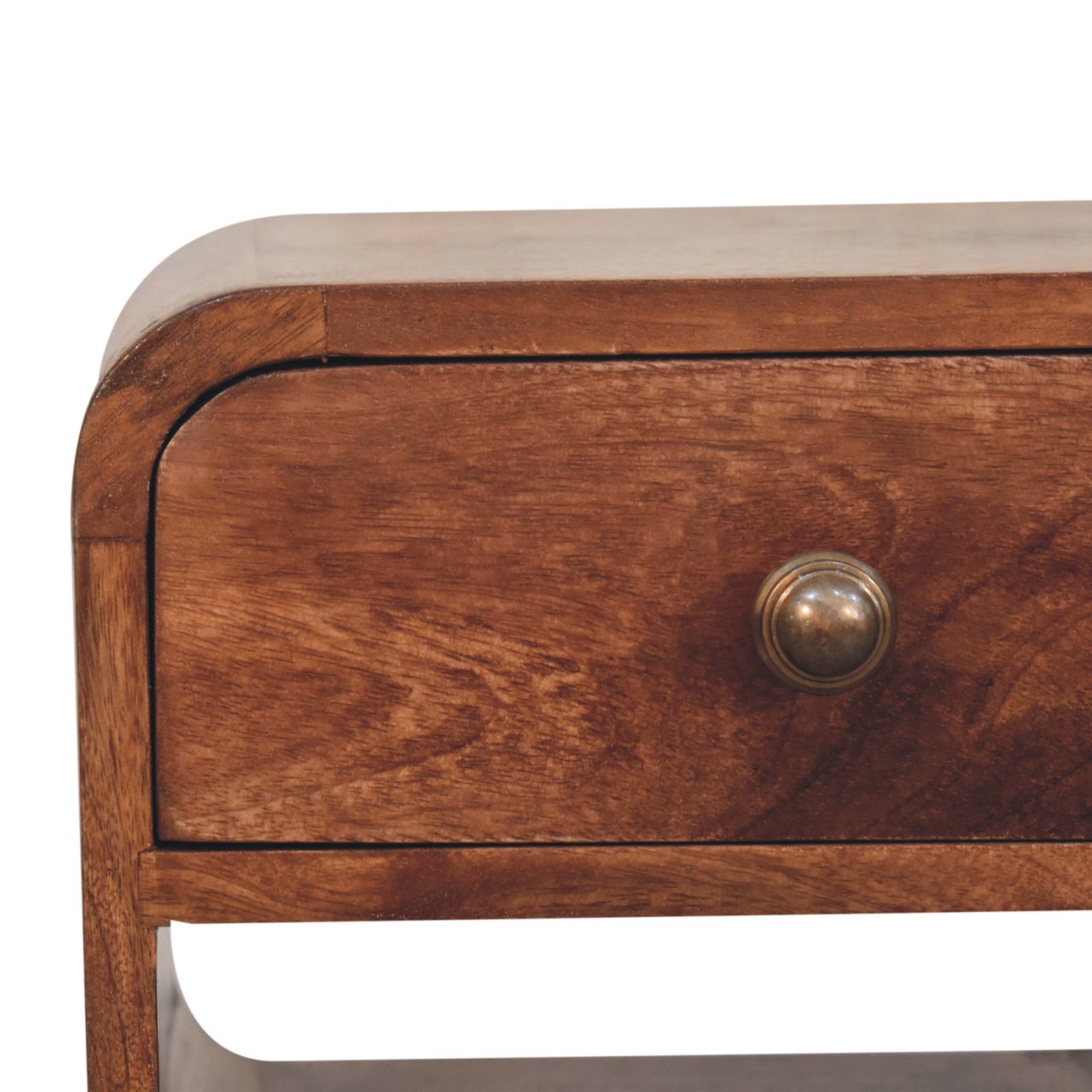 Solid Wood Mini Honey Caramel Curved Bedside, 1-Drawer, 1 Open-Slot, Nordic Legs, Brown