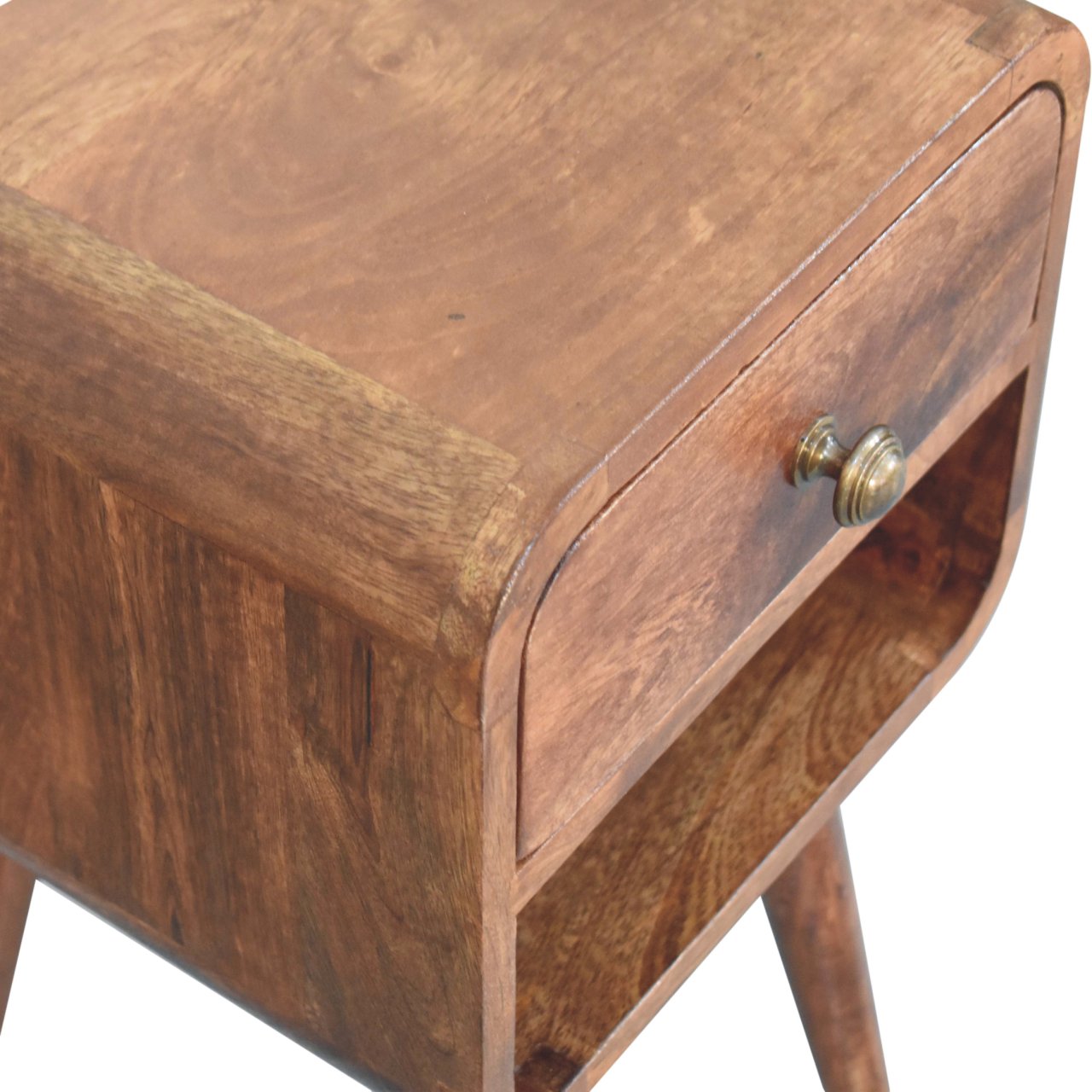 Solid Wood Mini Honey Caramel Curved Bedside, 1-Drawer, 1 Open-Slot, Nordic Legs, Brown