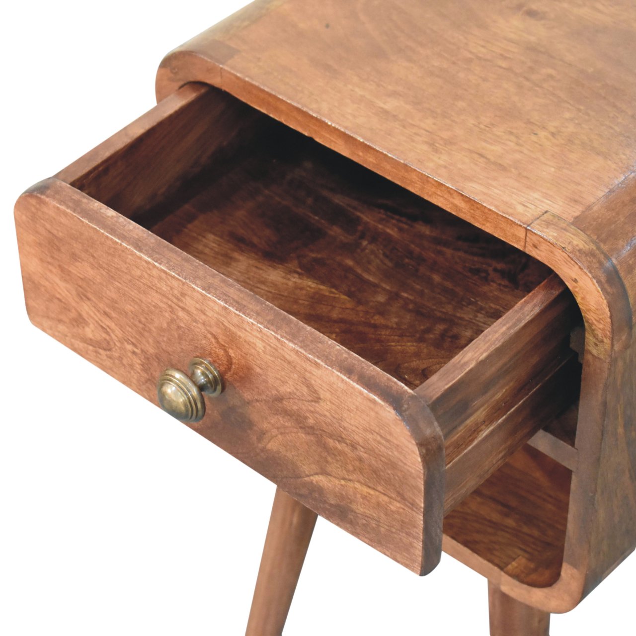Solid Wood Mini Honey Caramel Curved Bedside, 1-Drawer, 1 Open-Slot, Nordic Legs, Brown