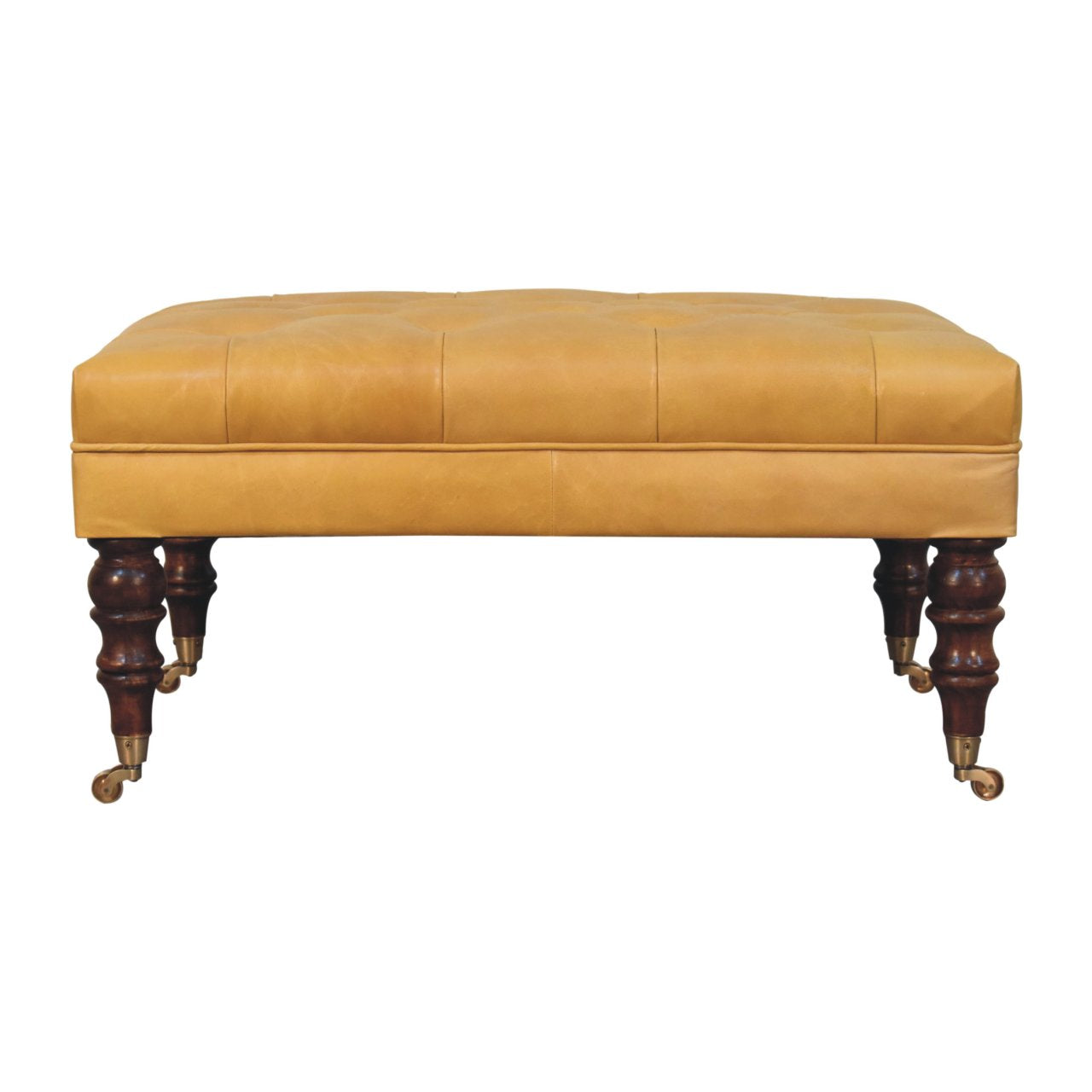 Solid Wood Honey Caramel Buffalo, Leather Ottoman with Castor Legs, Yellow and Ash Black