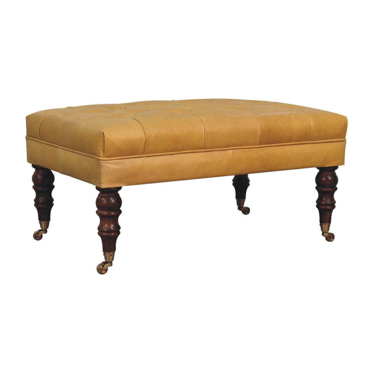 Solid Wood Honey Caramel Buffalo, Leather Ottoman with Castor Legs, Yellow and Ash Black