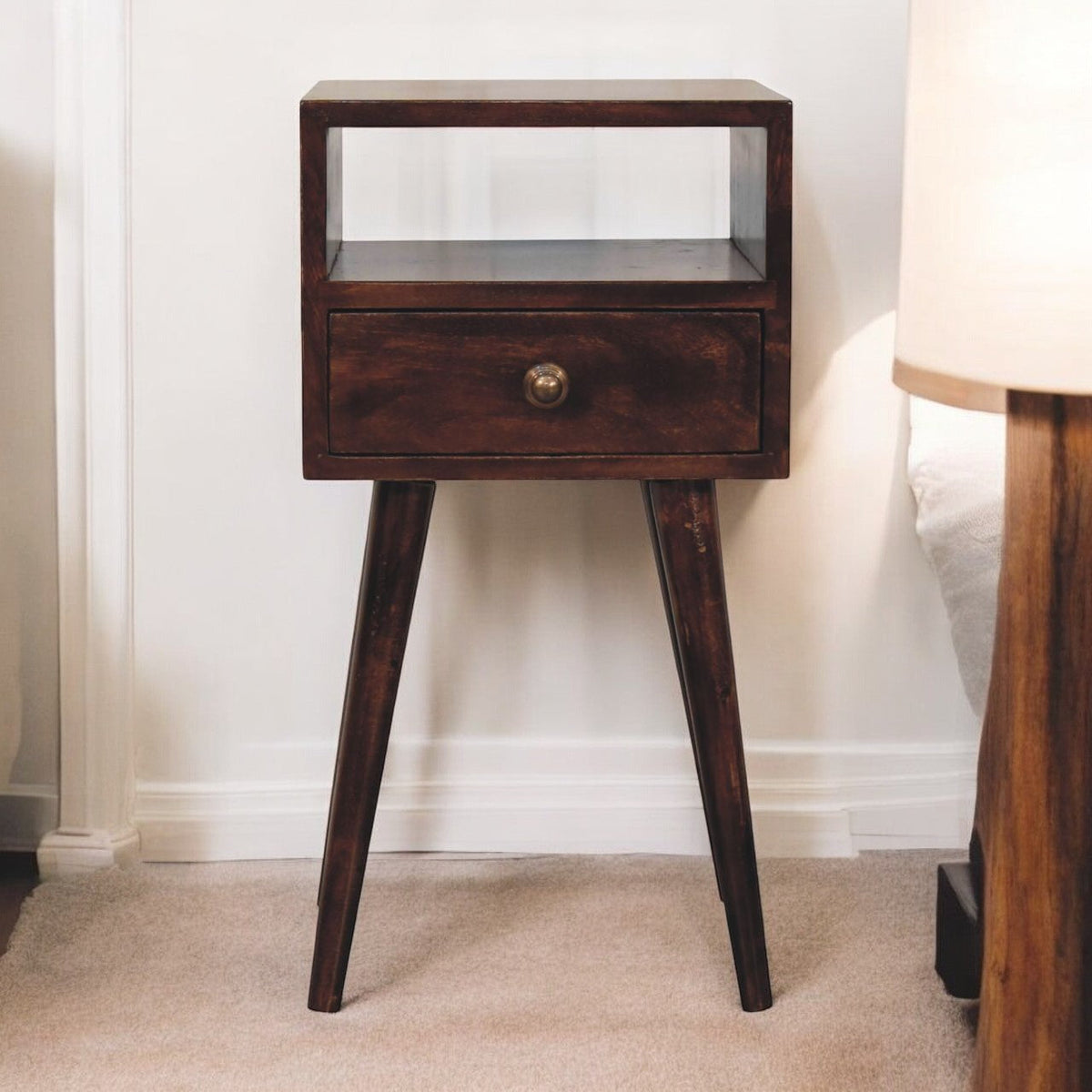 Solid Wood Mini California Walnut Nightstand, 1-Drawer, 1 Open-Slot, Nordic Legs, Dark Brown