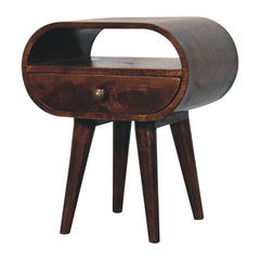 Solid Wood California Walnut Circular Bedside with 1-Drawer, Open Slot, Nordic Legs, Dark Brown