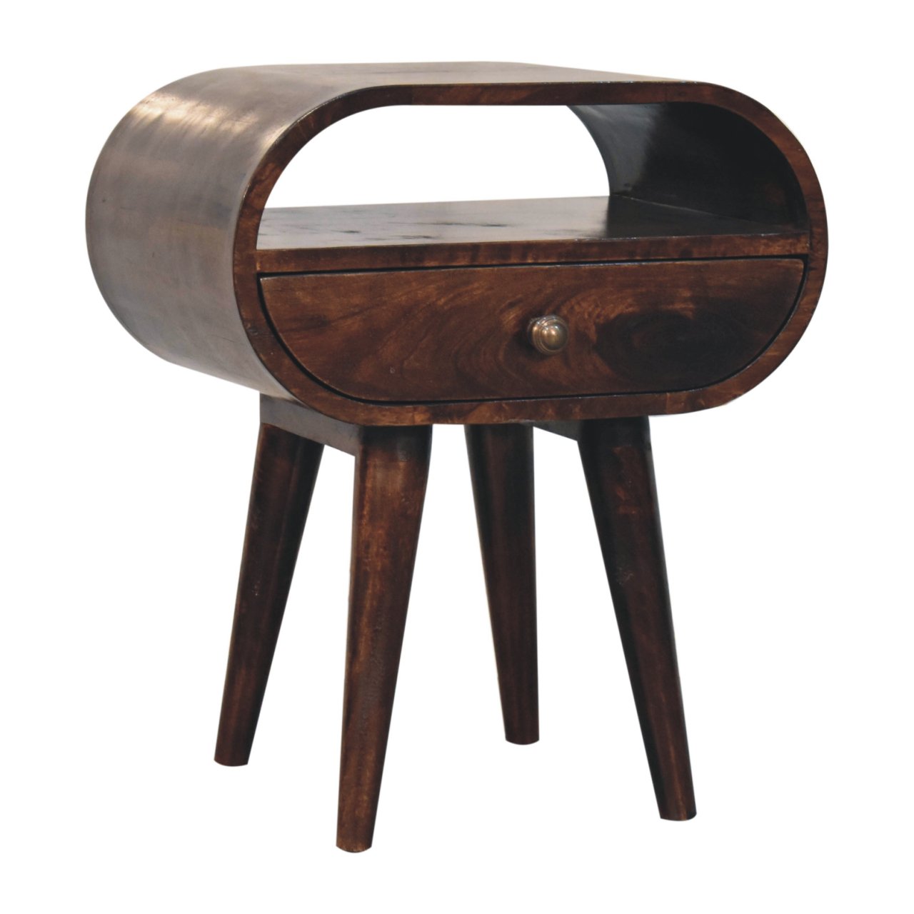 Solid Wood California Walnut Circular Bedside with 1-Drawer, Open Slot, Nordic Legs, Dark Brown