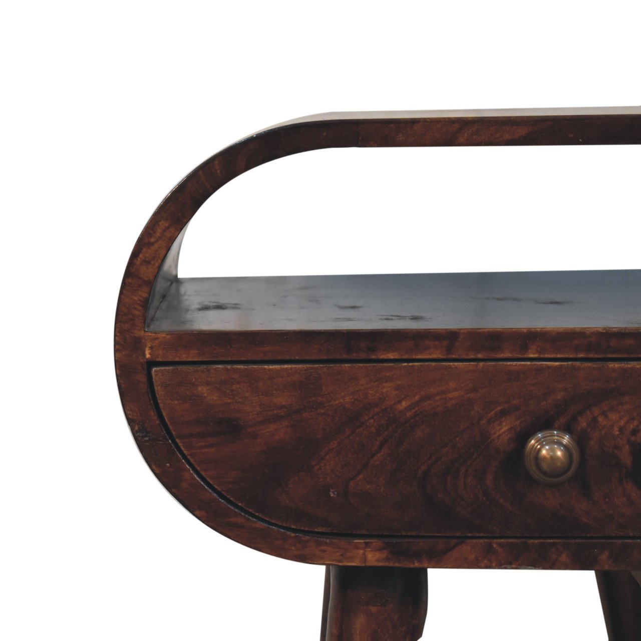 Solid Wood California Walnut Circular Bedside with 1-Drawer, Open Slot, Nordic Legs, Dark Brown