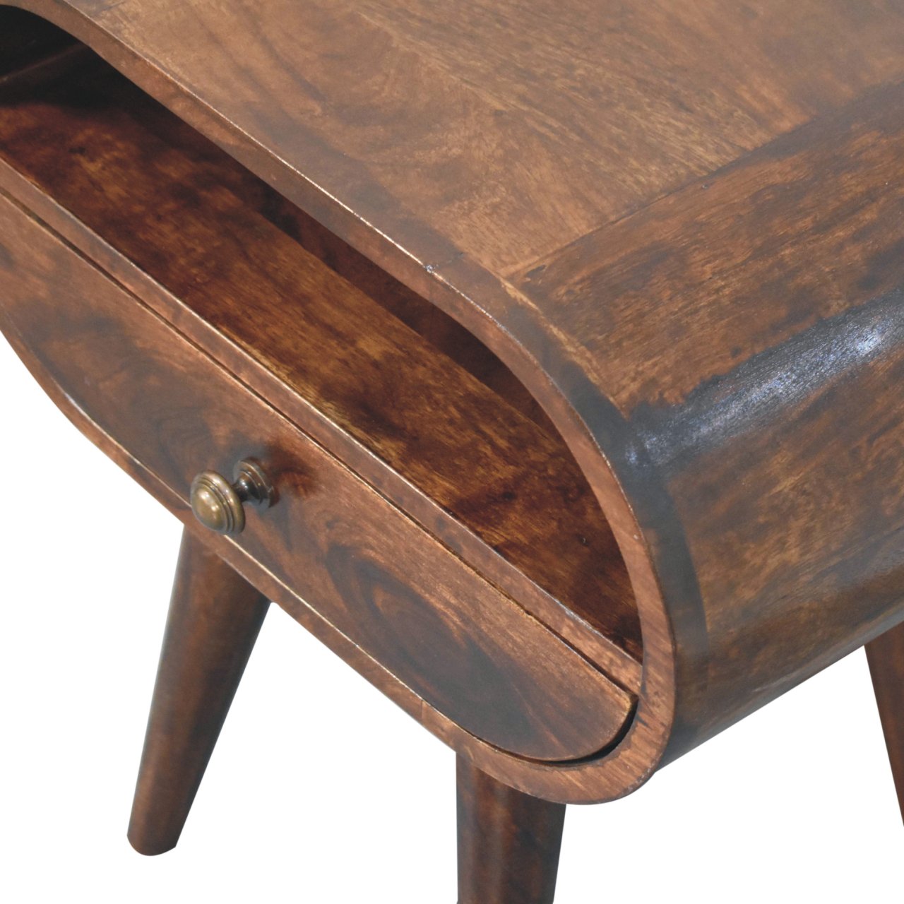Solid Wood California Walnut Circular Bedside with 1-Drawer, Open Slot, Nordic Legs, Dark Brown