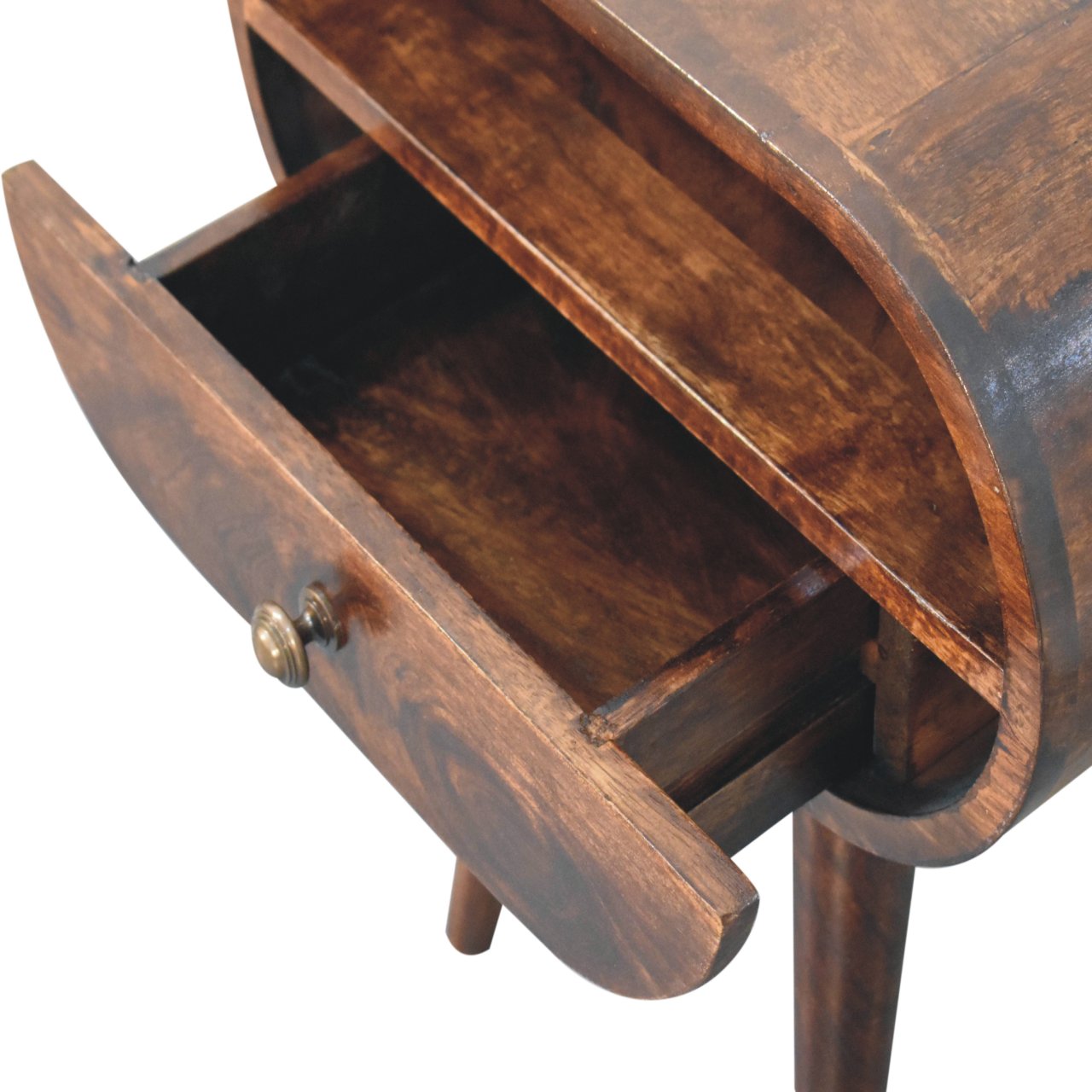 Solid Wood California Walnut Circular Bedside with 1-Drawer, Open Slot, Nordic Legs, Dark Brown