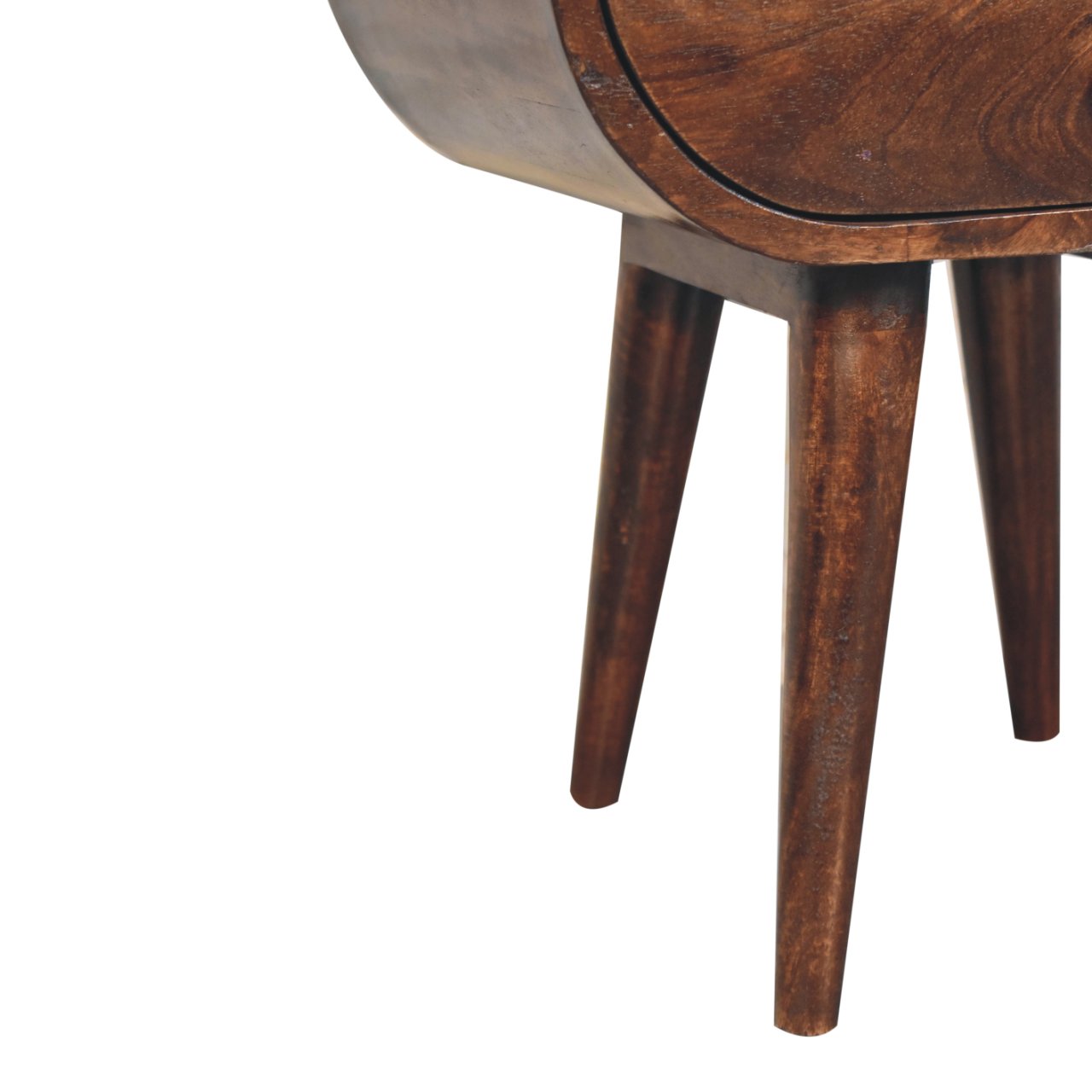 Solid Wood California Walnut Circular Bedside with 1-Drawer, Open Slot, Nordic Legs, Dark Brown