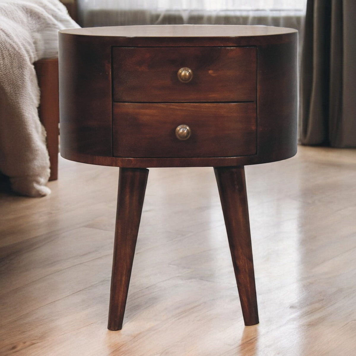 Solid Wood California Walnut Rounded Bedside Table, 2-Drawers, Nordic Legs, Dark Brown